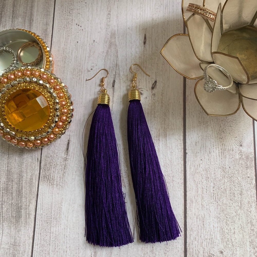 Purple Tassel Drop Earrings - Picture 2 of 7